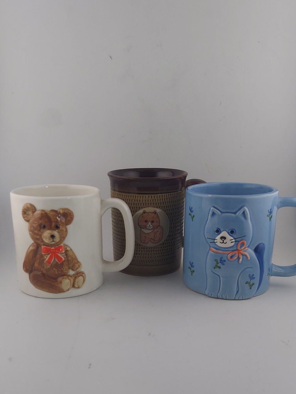 Otagiri Blue Cat, White Teddy & Brown Bear Ceramic Coffee Mugs